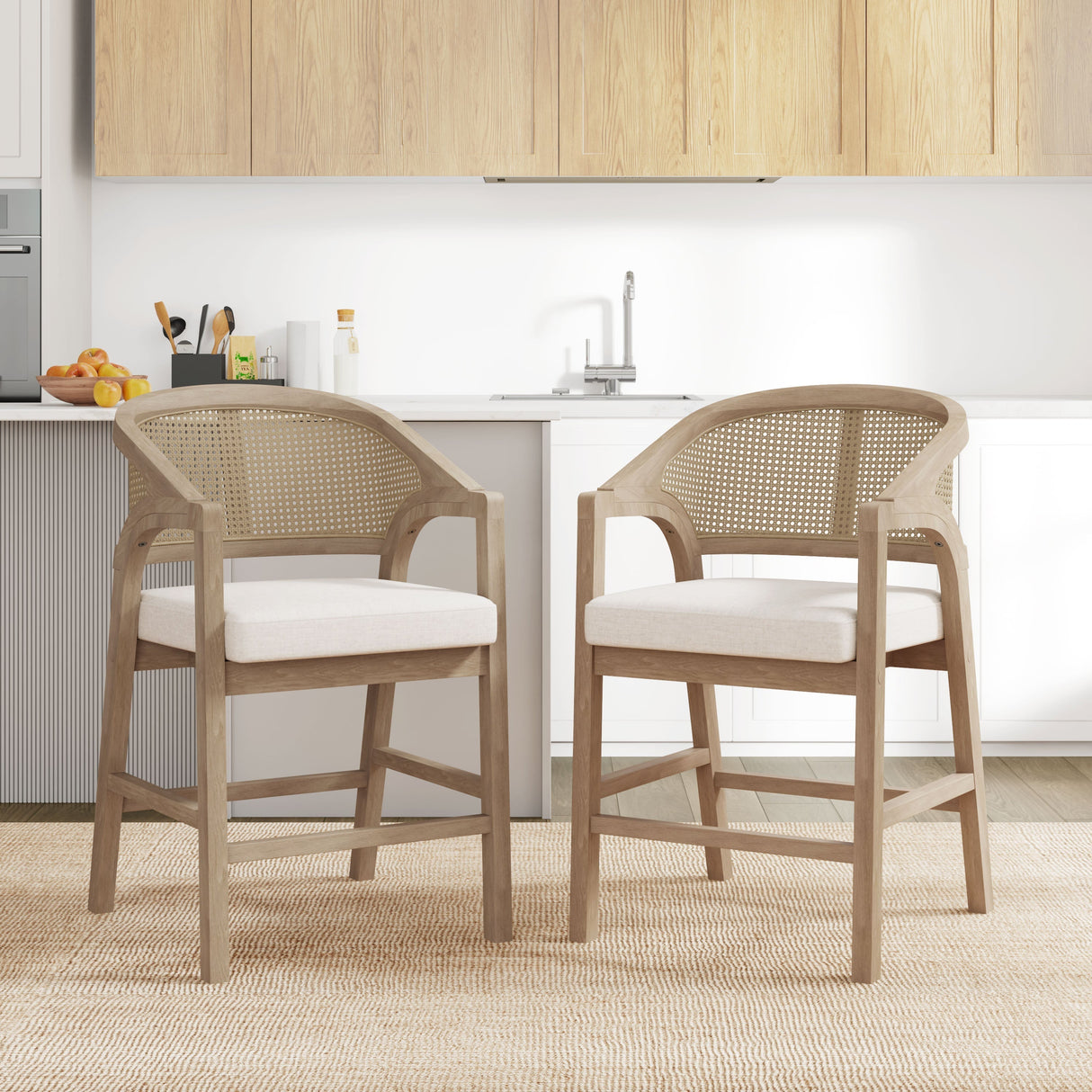 Wooden Frame Counter Stool With Rattan Back - Set of 2