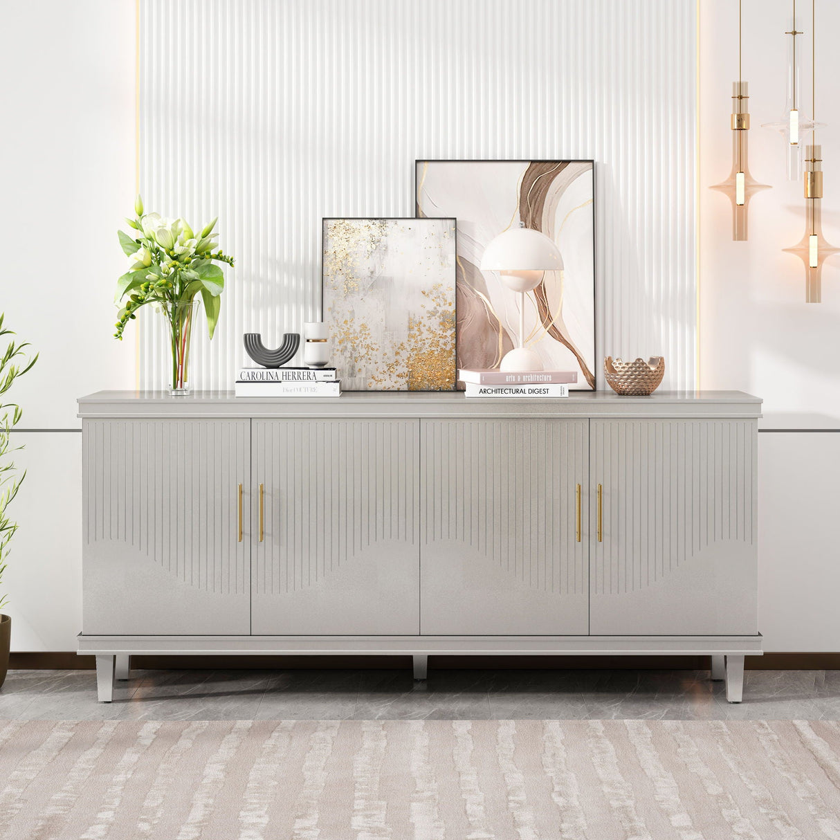 4 Door Cabinet With Adjustable Shelves, Large Storage For Living Room - Champagne