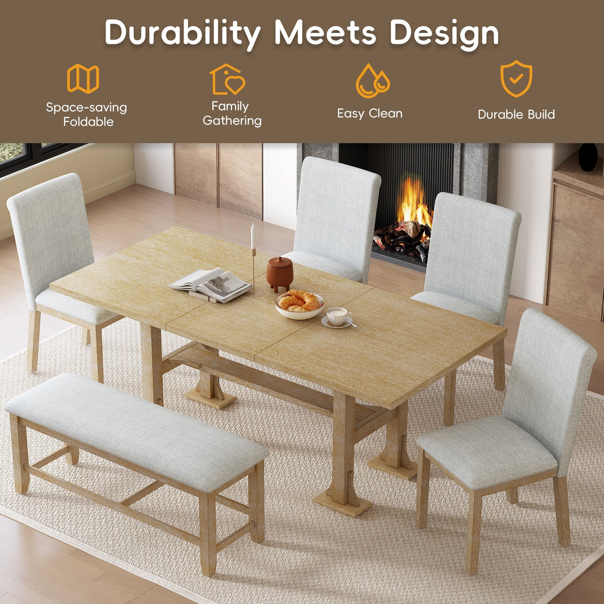 Artisanal 6-Piece Extendable Solid Wood Dining Set with Bench Seating