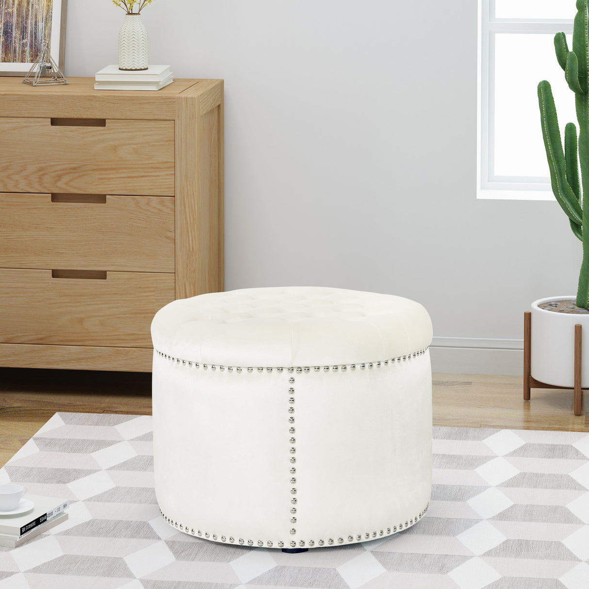 Elegant Round Ottoman with Studded Rim in Beige Velvet