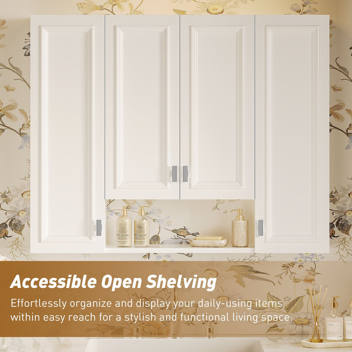 Bathroom Cabinet With 5 Adjustable Shelves, Wall-Mounted Medicine Cabinet, Soft-Closing Hinges, Open Shelving Design - White