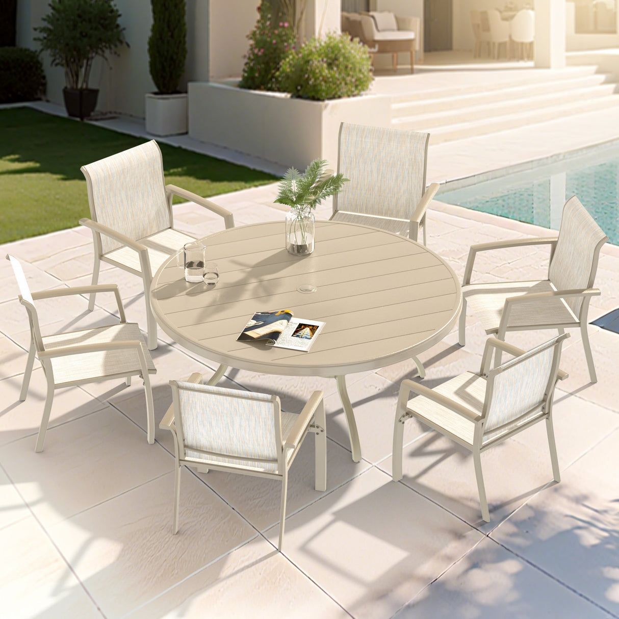 7-Piece Patio Dining Set with Round Metal Table and Stackable Chairs