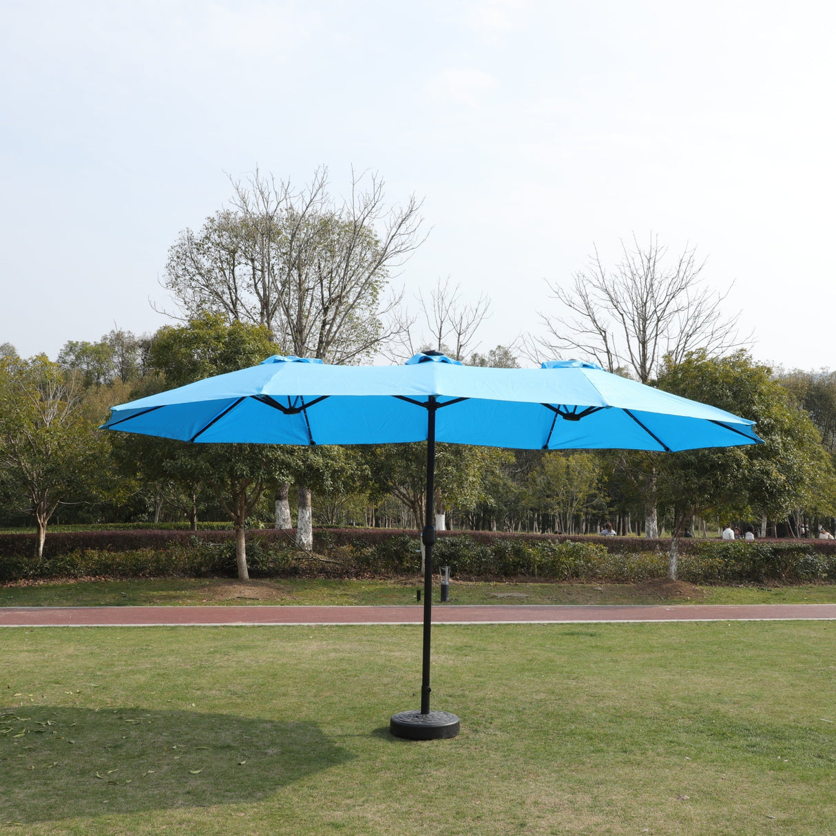 15 x 9 ft Double-Sided Outdoor Market Umbrella with Lights and Base – Blue