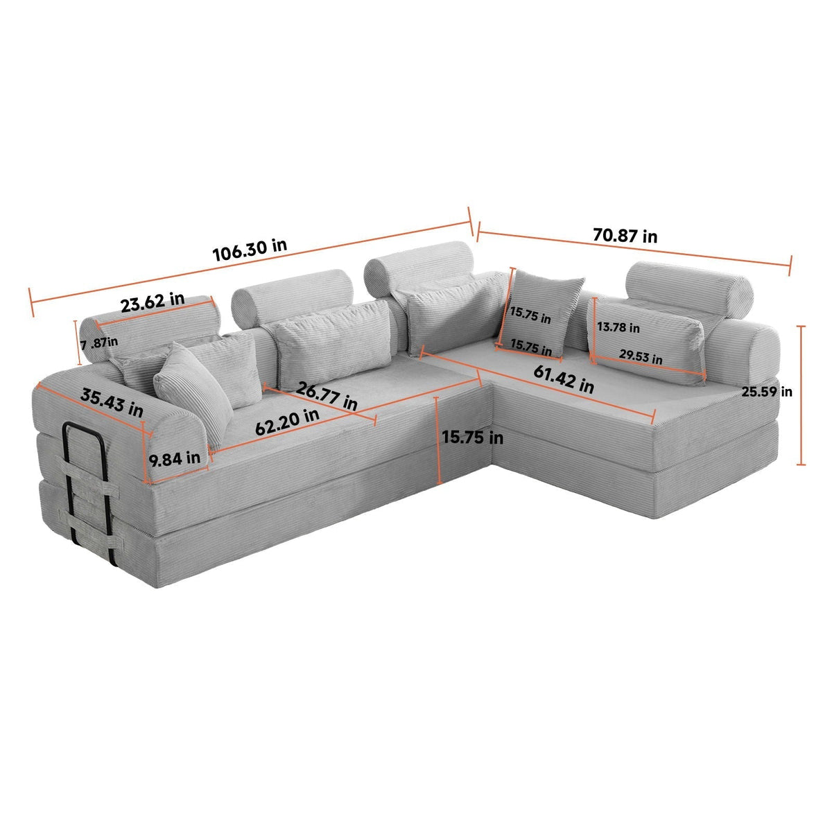 Modern L-Shape Modular Sectional Sofa, Compressed Design