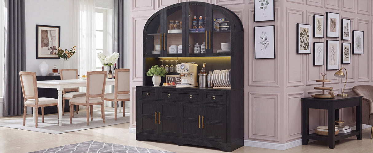 K&K 75.8" Tall Arched Kitchen Pantry Cabinet with LED & Charging Station