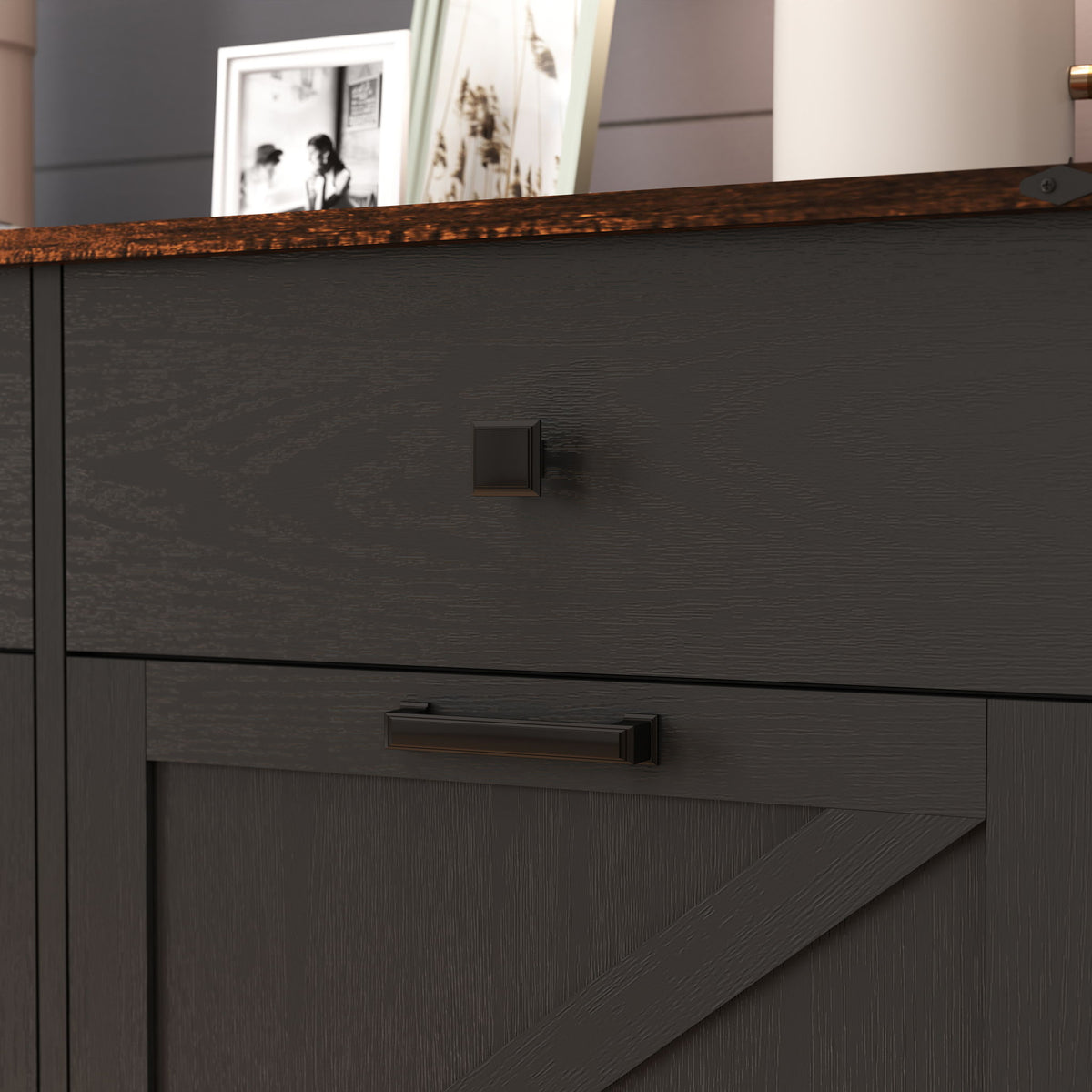 Double Tilt Out Trash Cabinet With Hideaway Drawer And Barn Door Style