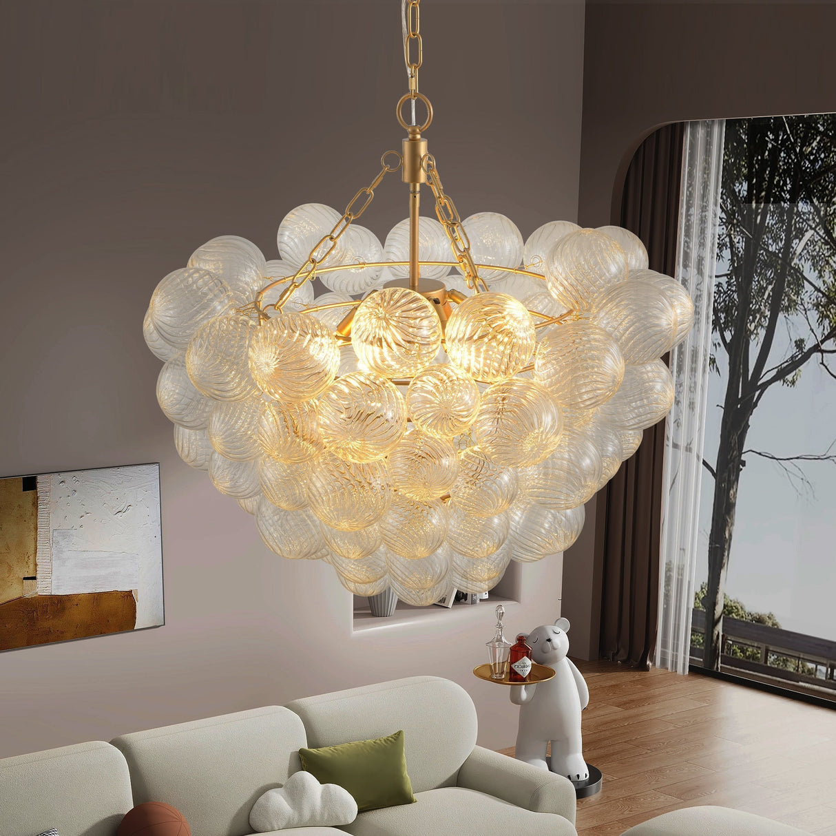 23.6-Inch Gold Pendant Light Chandelier with Threaded Clear Glass Globe Shade