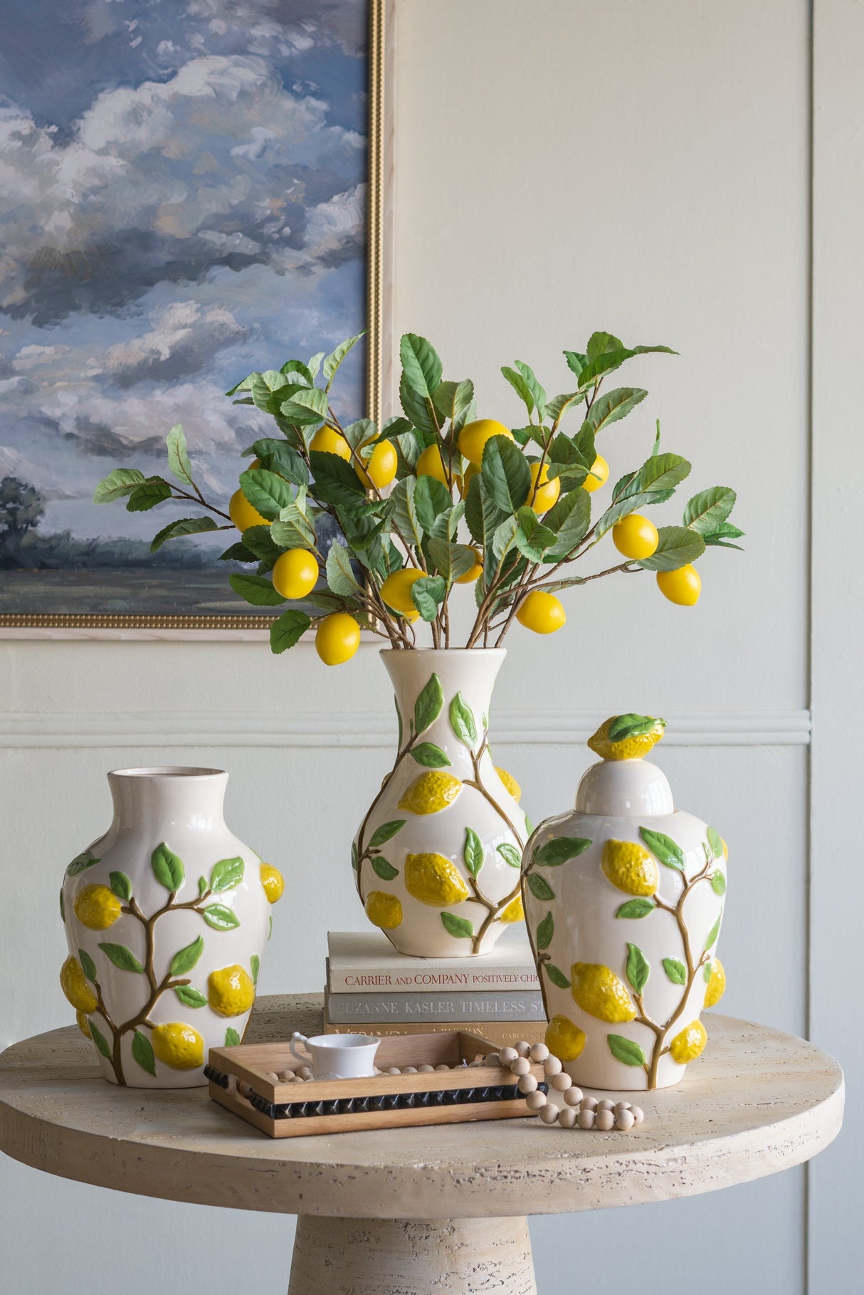 8.7x8.7x15' White Ceramic Lidded Jar with Playful Lemon Design