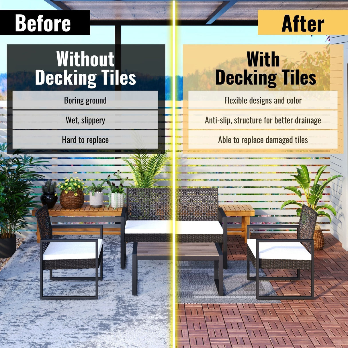 Acacia Wood Interlocking Deck Tiles Checker Pattern For Outdoor Flooring