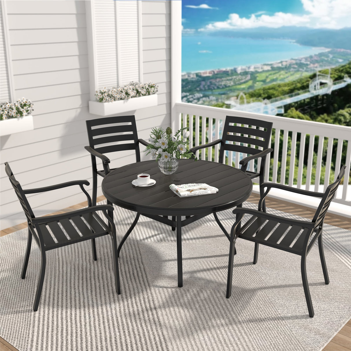 5 Pieces Outdoor Patio Dining Set with Stackable Metal Chairs and Round Table