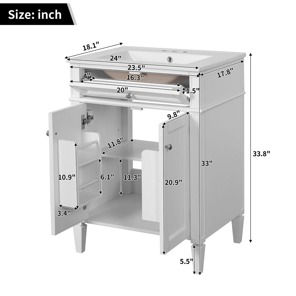 Bathroom Vanity with Solid Wood Frame and Tip Out Drawer - Black, White, Dark Green