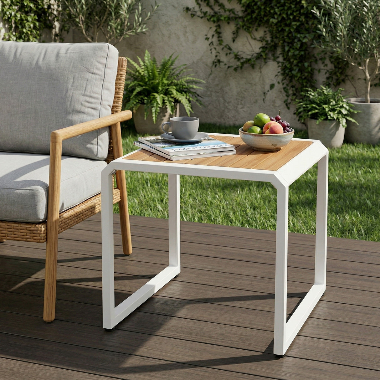 Outdoor Side Table with Teak Wood Top