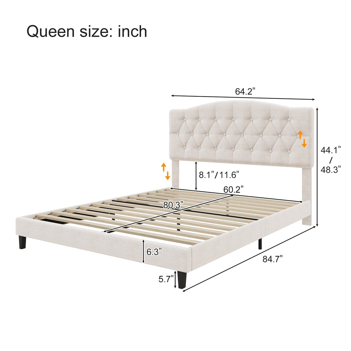 Upholstered Platform Bed with Saddle Curved Adjustable Headboard and Diamond Tufted Details