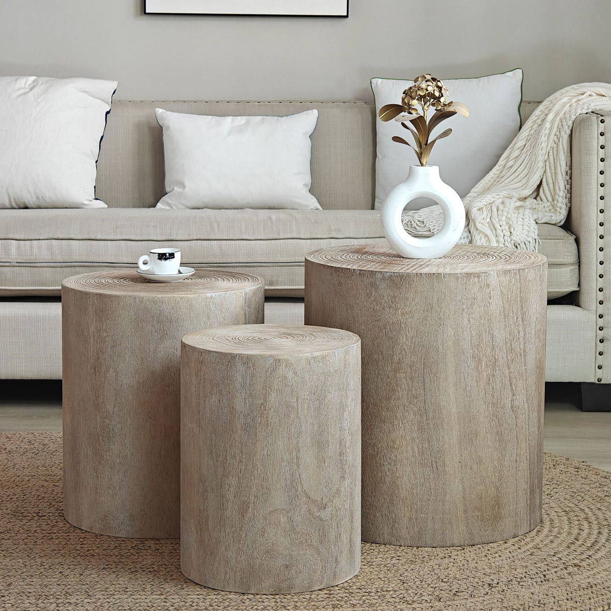 Set of 3, Rounded Wood Coffee Tables, End Tables, Plant Stands,Decorative Accent Pieces - Rustic Wood Finish