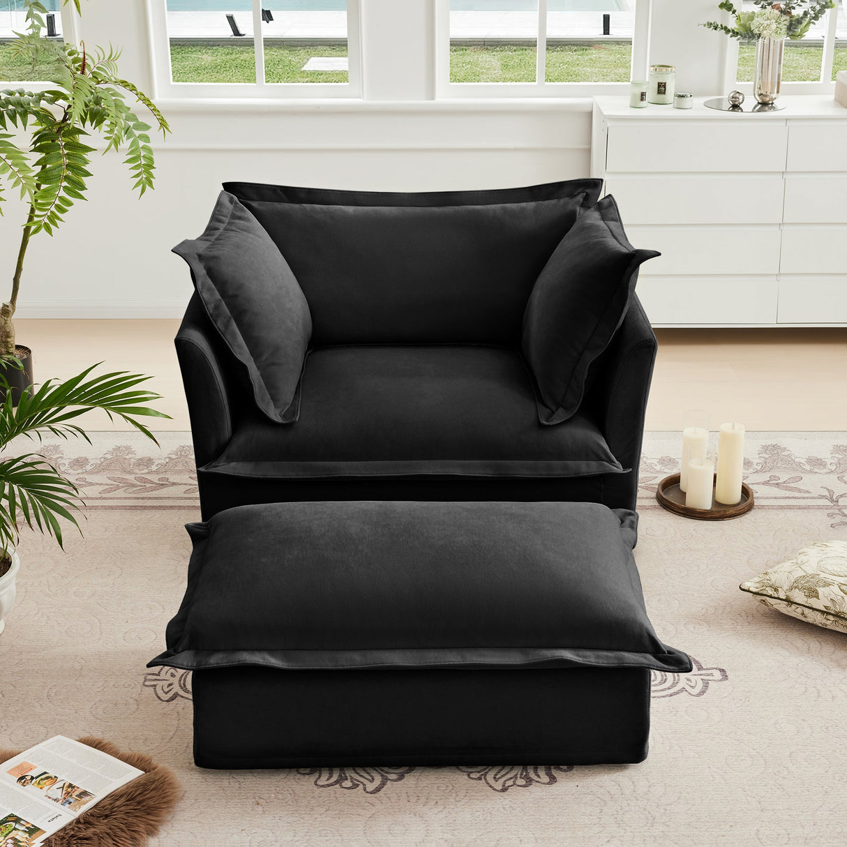 Upholstered Slipcovered Armchair with Ottoman