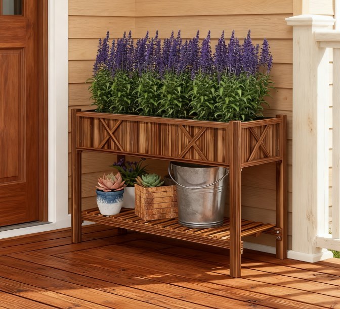 Dual-Tier Raised Garden Bed, Elevated Wood Planter Box