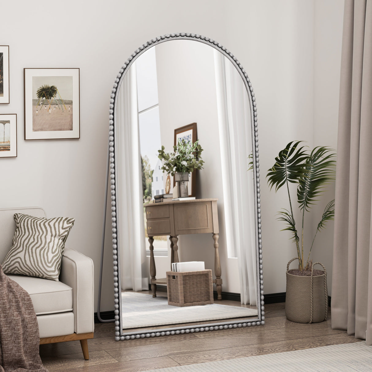 Iron Arch Retro Full Length Mirror with Supporting Feet in Silver