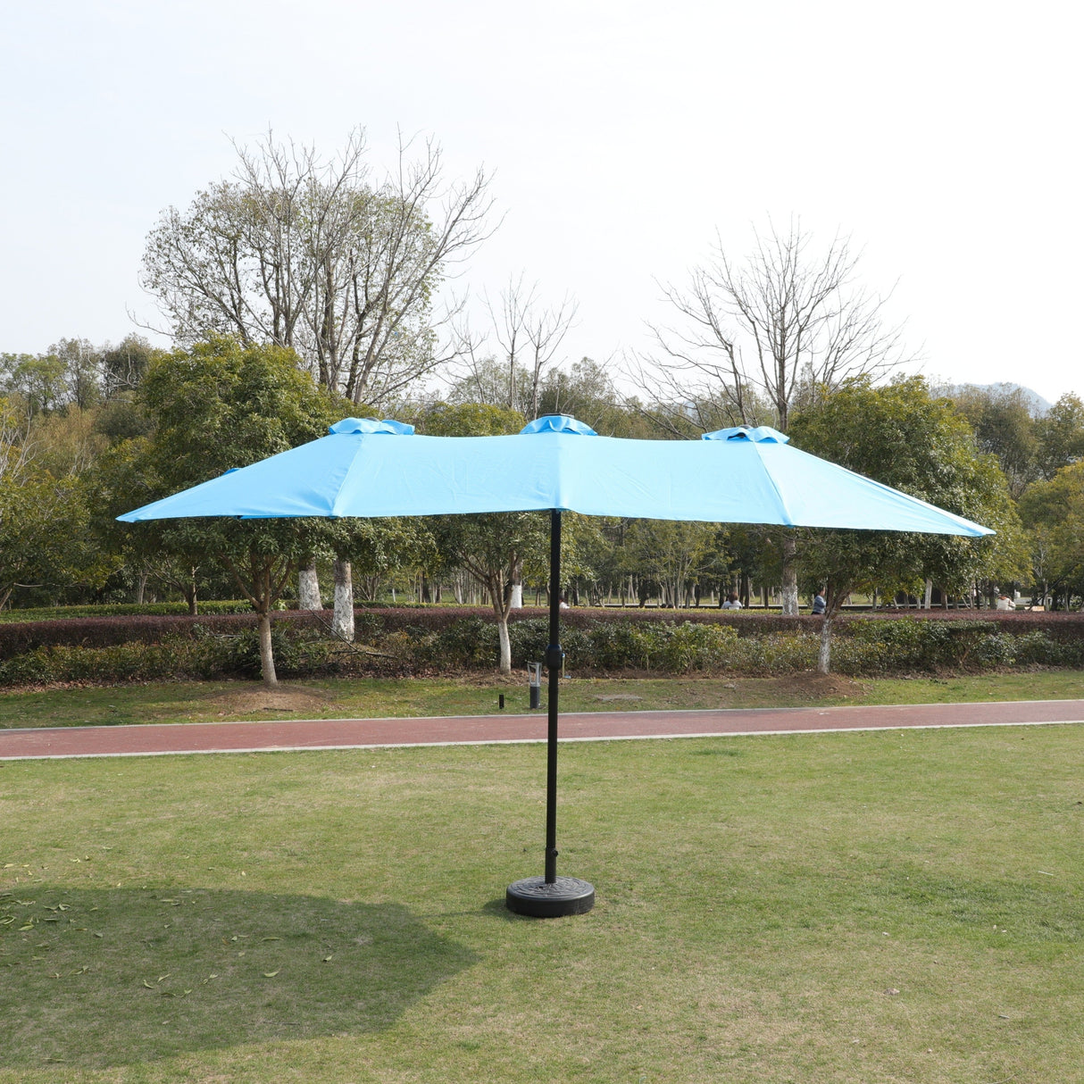 15 x 9 ft Double-Sided Outdoor Market Umbrella with Lights and Base – Blue
