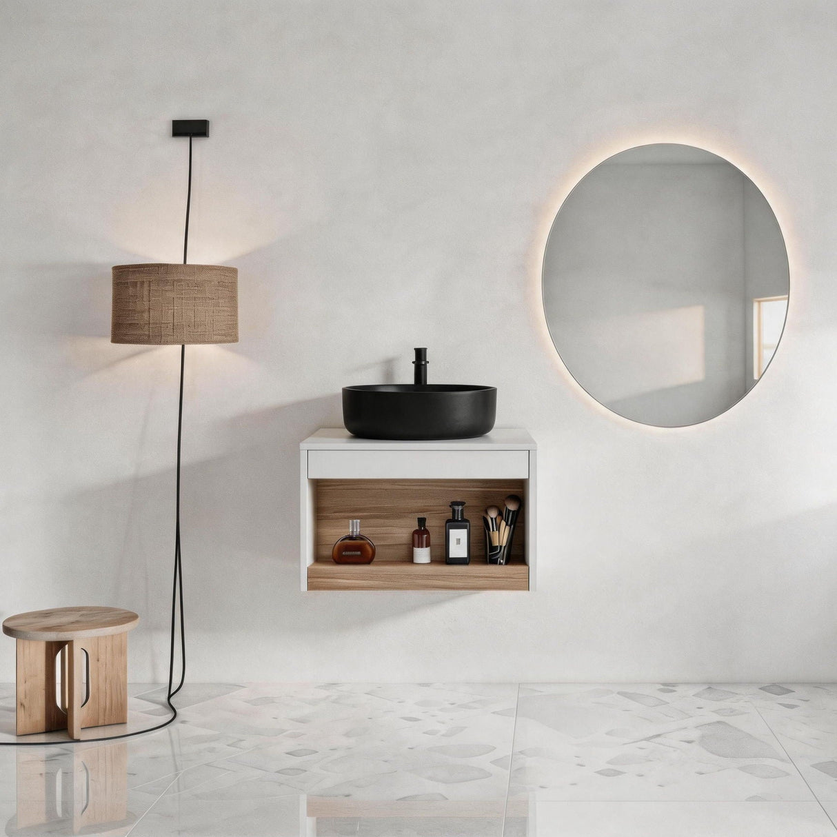 Floating Bathroom Vanity With Glossy Round Vessel Sink