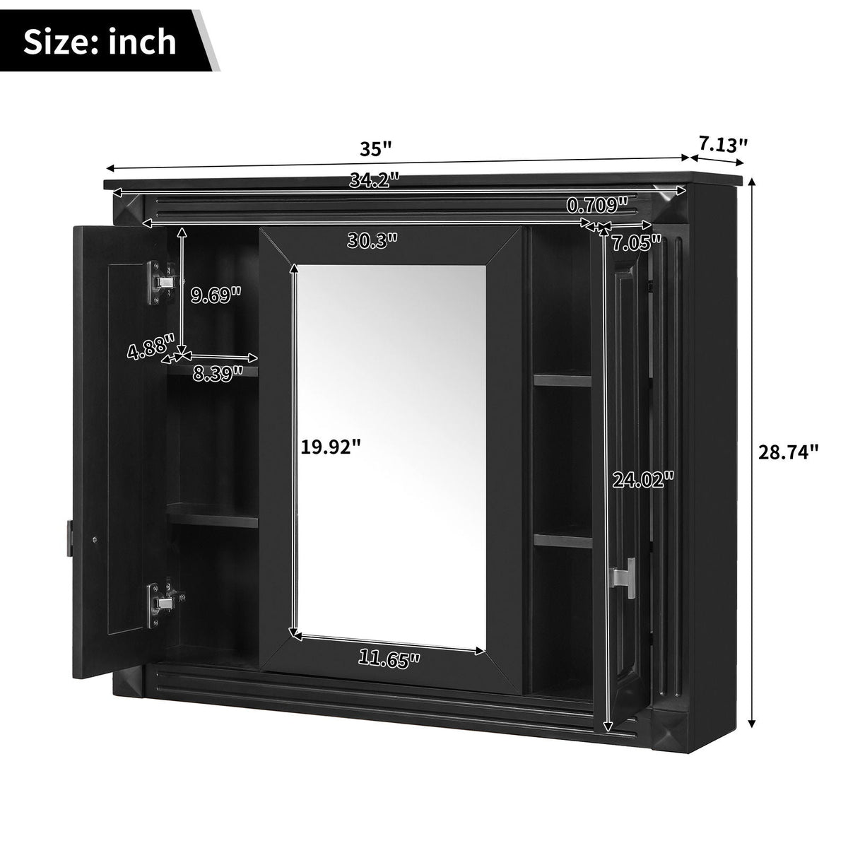 Wall Mounted Bathroom Cabinet with 5 Adjustable Shelves and Mirror - Black or White