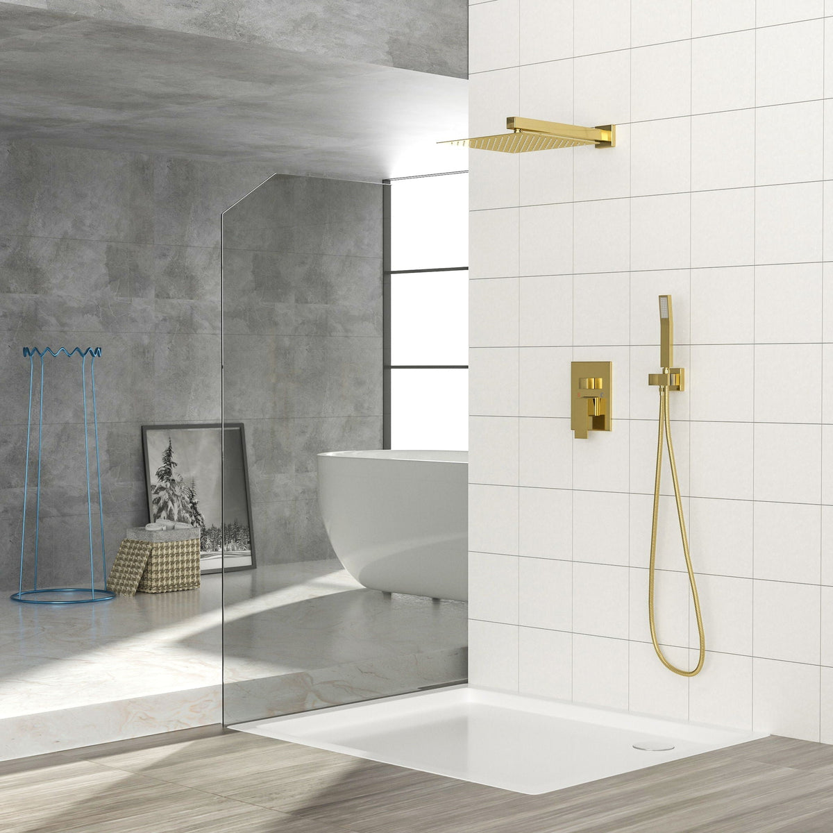 Dual Shower Head System with 12" Square Rain Shower and Valve - Black, Gray, Pearl Silver, Gold