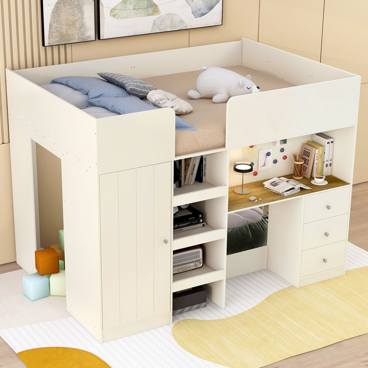 Loft Bed With Built In Wardrobe, Desk, Shelves, And Drawers