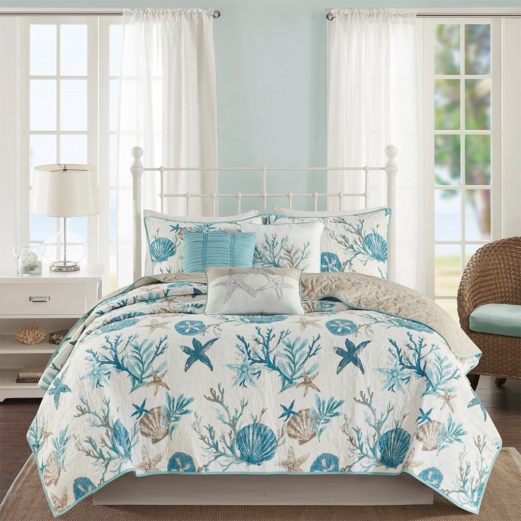 Aqua Cotton Sateen Quilt Set with Throw Pillows - King/Cal King