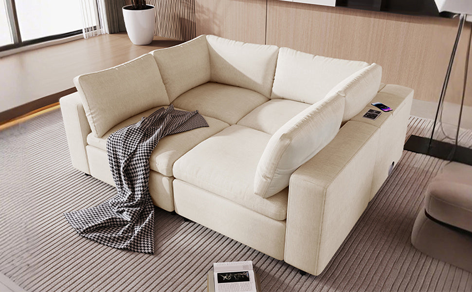 U-style Upholstered Modular Sofa With Storage Space and USB Charge Ports
