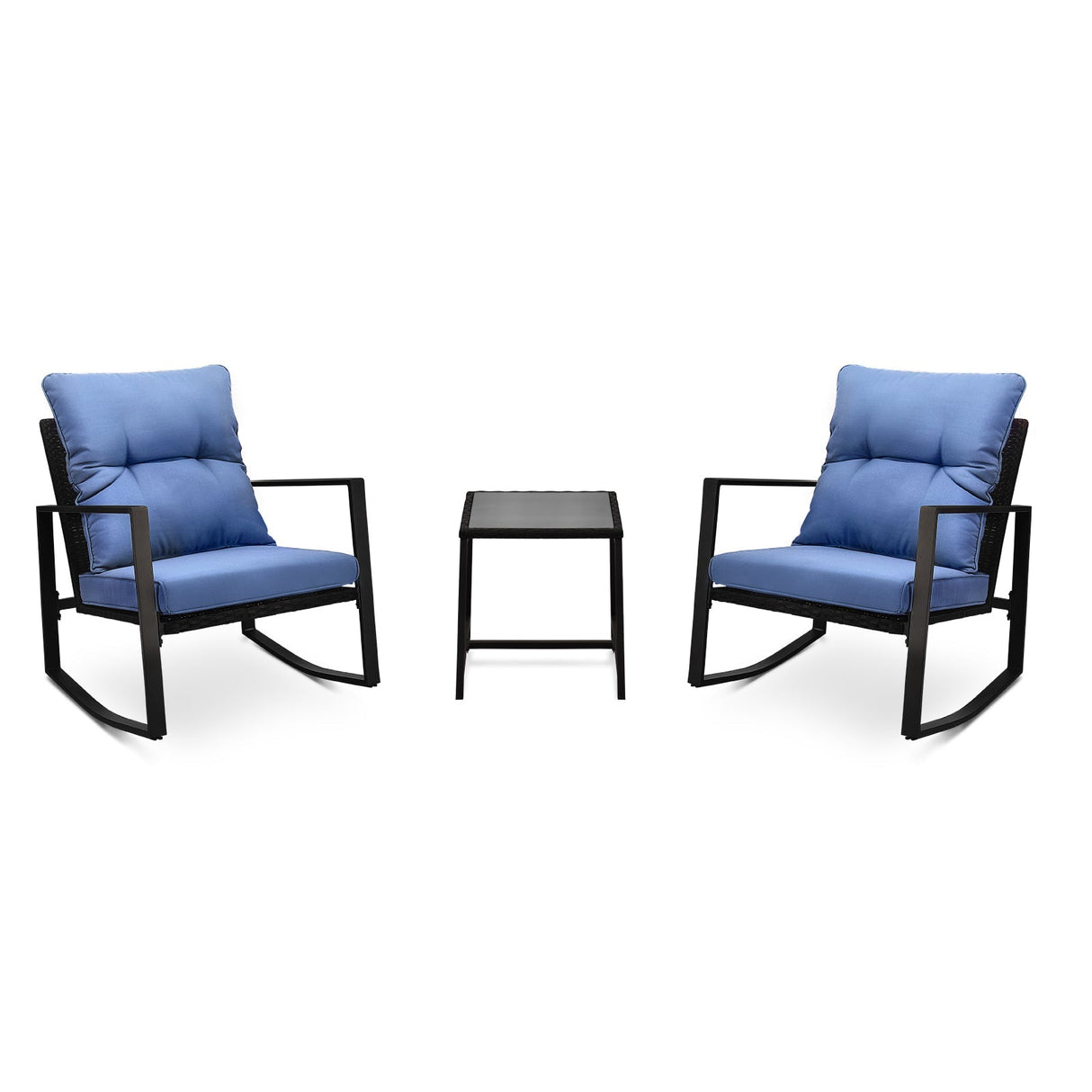 3 Pieces Patio Bistro Set Outdoor Rocking Chair with Blue Cushion for Yard Garden Poolside