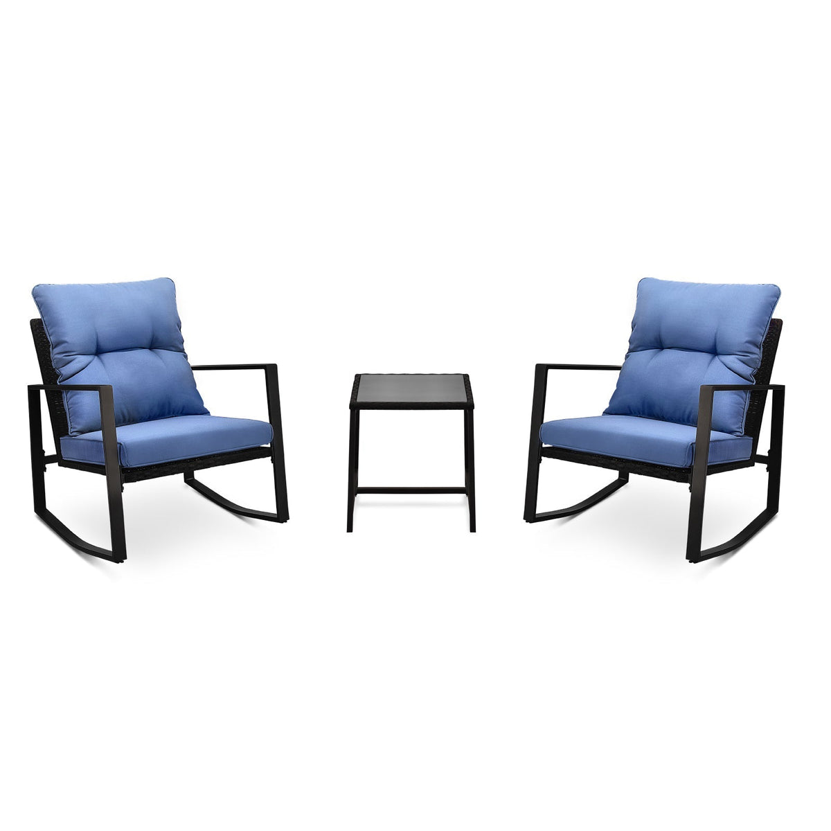 3 Piece Patio Bistro Set with Blue Cushions – Outdoor Rocker Chair Set