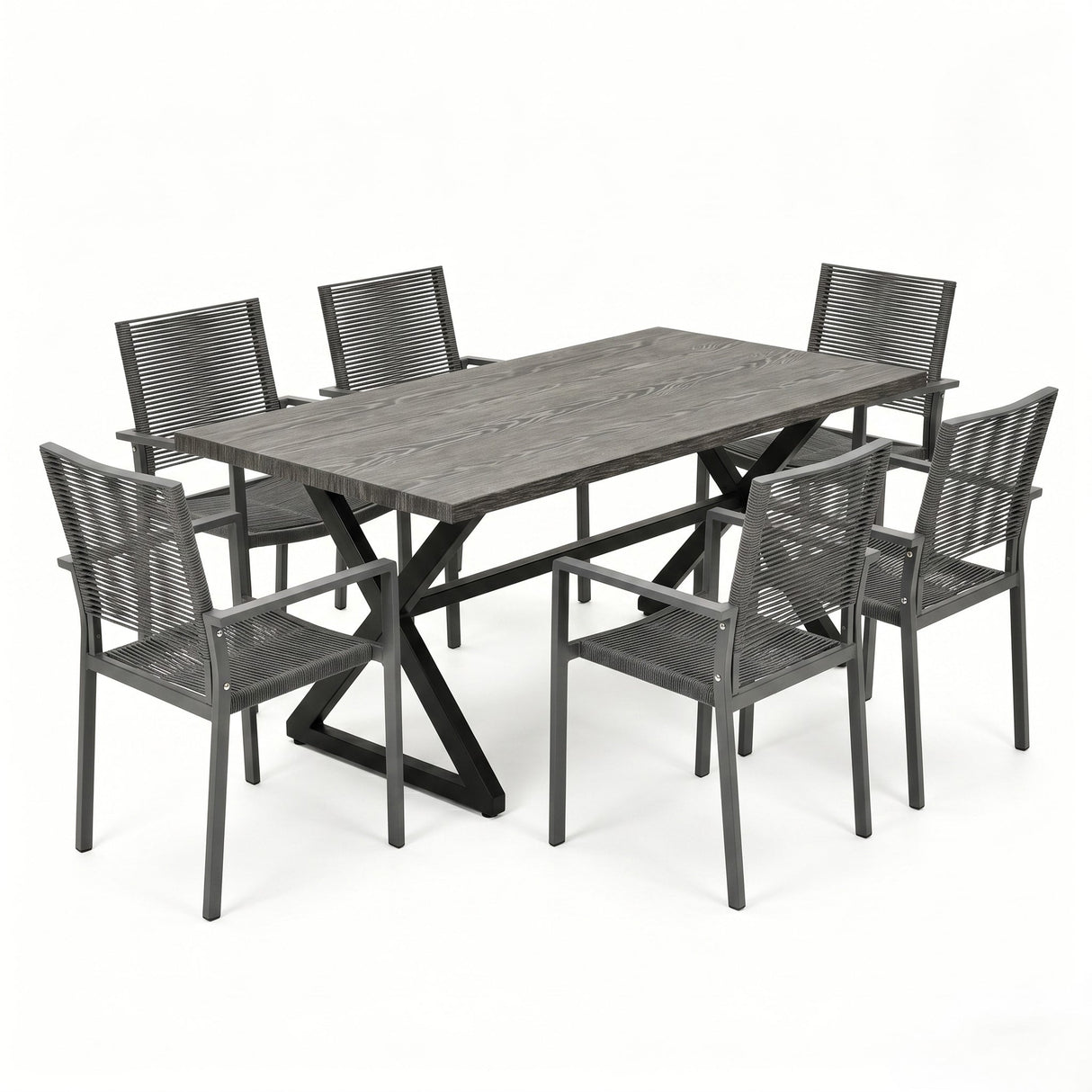 7-Piece Aluminum & Woven Rope Outdoor Patio Dining Set, Grey & Black