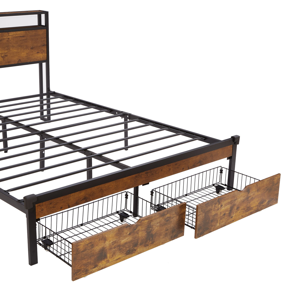 Modern King Size Metal Platform Bed Frame with Wooden Headboard
