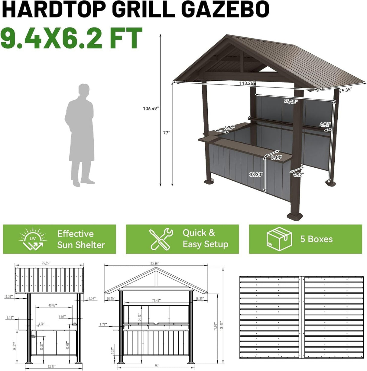 9.4X6.2 FT Hardtop Grill Gazebo, Gable Outdoor Grill Gazebo with Storage Shelves & Resin Shade System, Galvanized Steel Metal Hard top Gazebo for Patio Backyard Garden -Brown