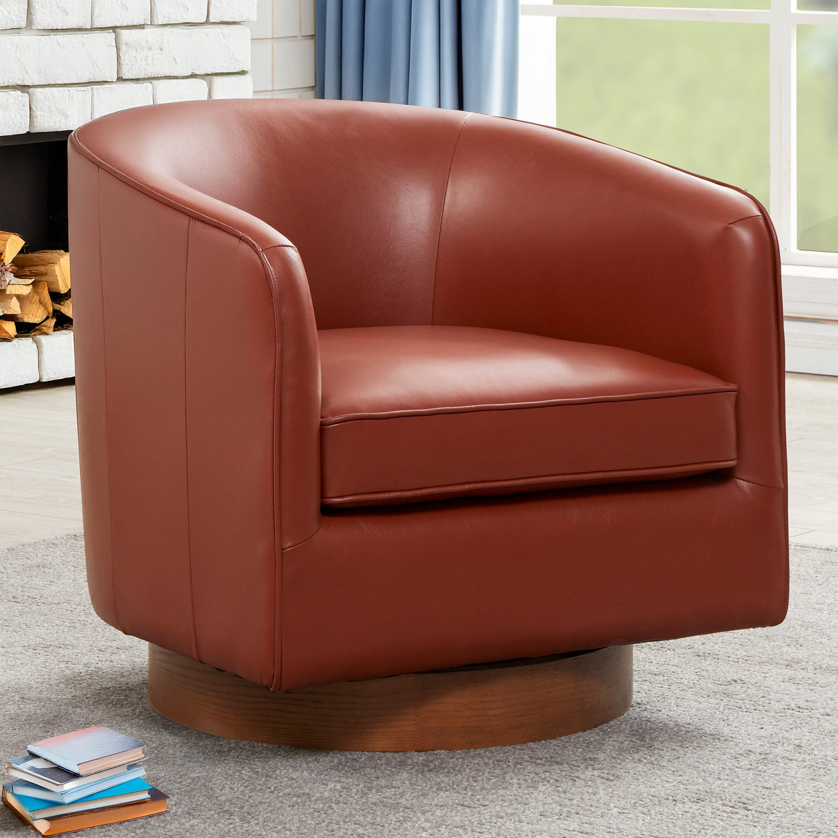 Tessa Caramel Top Grain Leather Swivel Chair with Wood Base