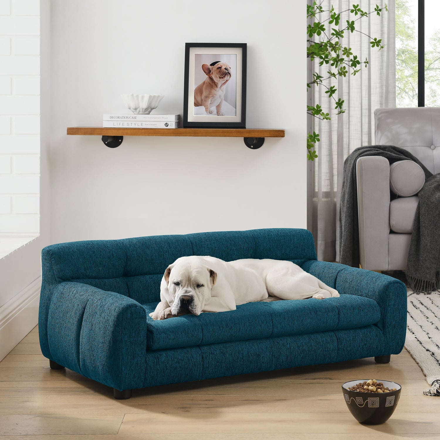 Soft-and-comfortable-pet-sofa-with-backrest-and-armrests,-BLUE-Pet-Bed