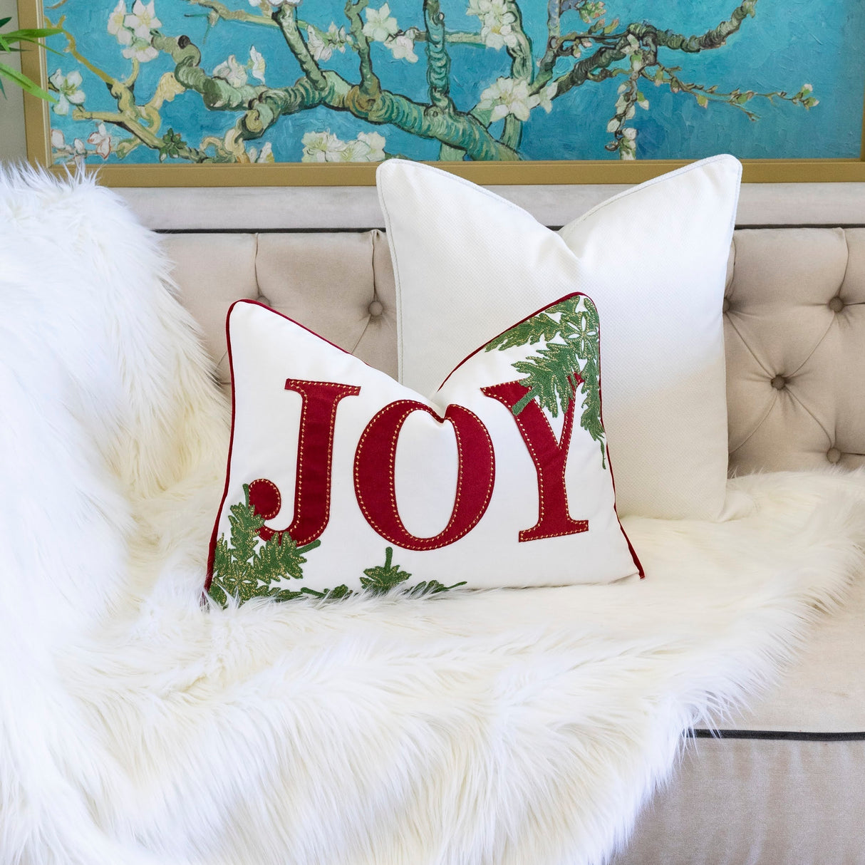 JOY Embroidered Christmas Throw Pillow – 14x20 Velvet Lumbar Cushion