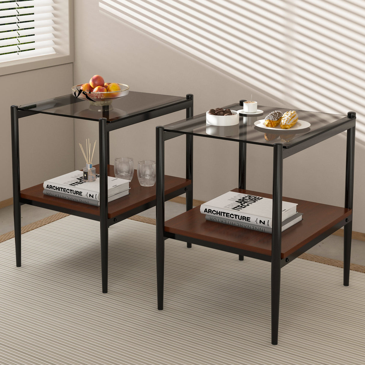 Set of 2 Rectangle End Tables with Gray Glass Top
