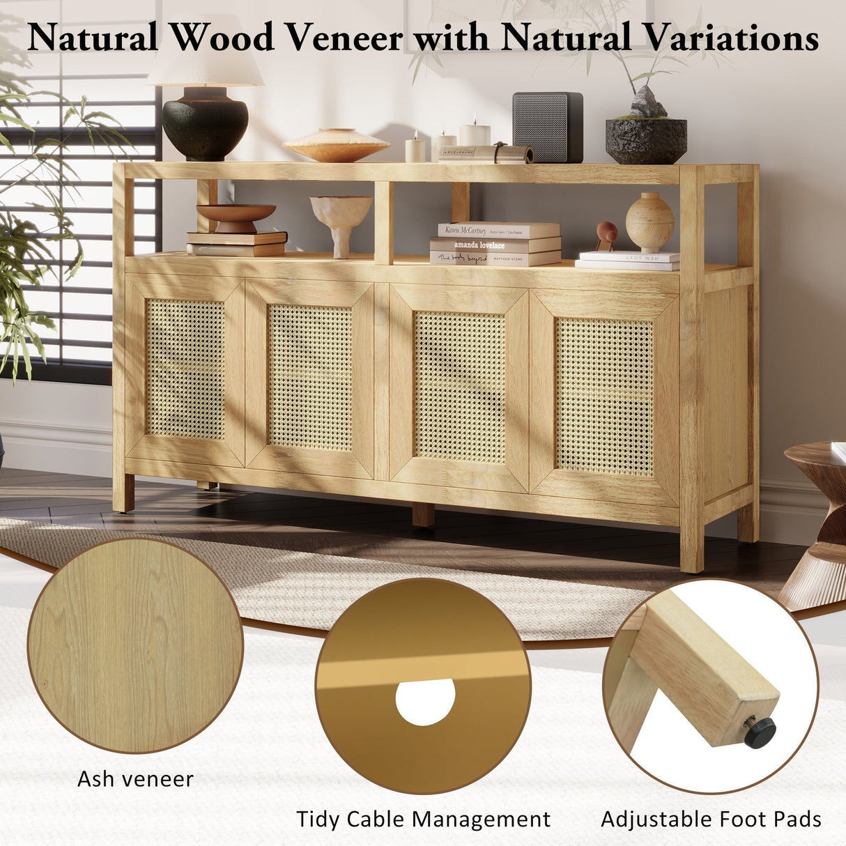 Bohemian Style Rattan Buffet Storage Cabinet with Solid Wood Frame