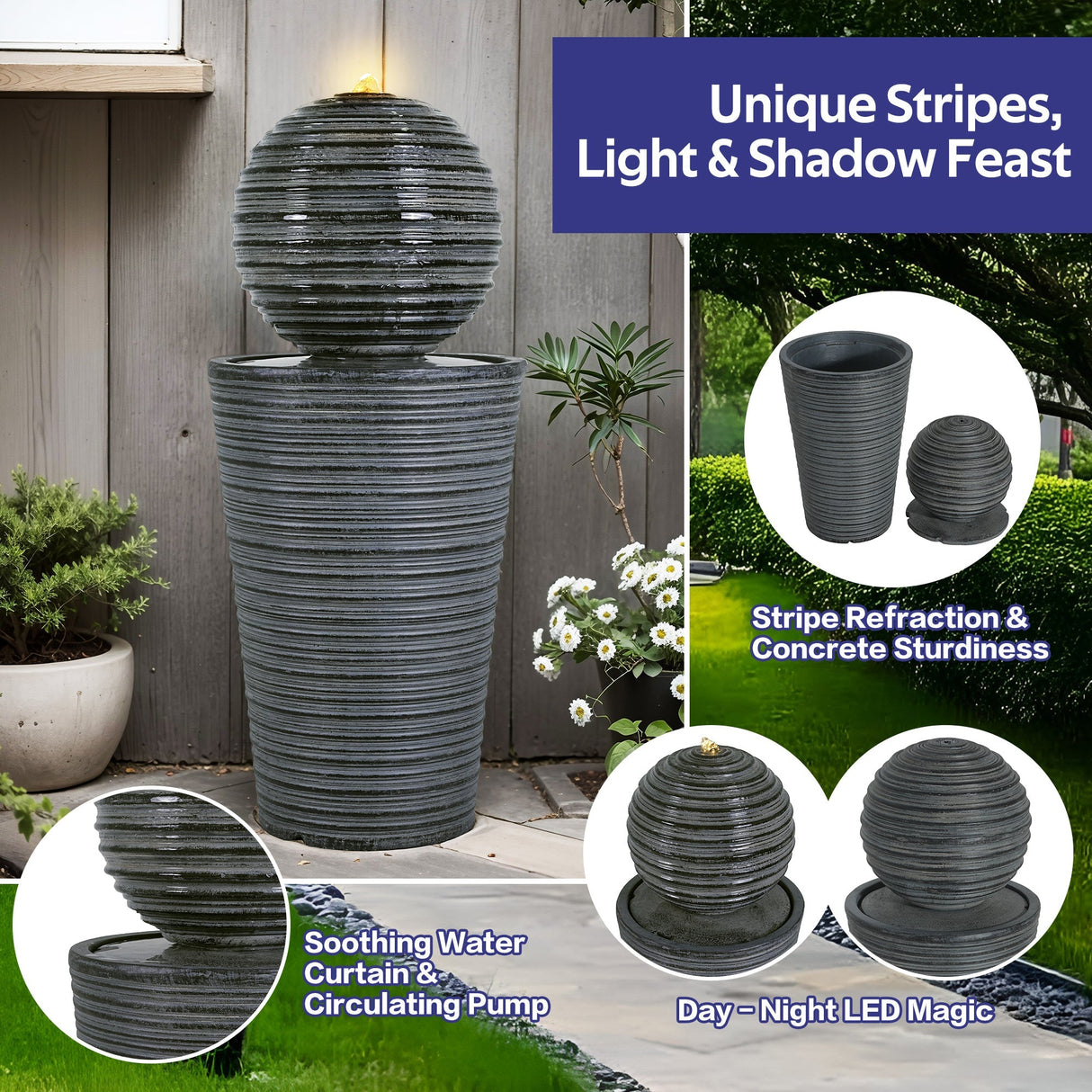 31.5' Tall Striped Concrete Column Fountain with LED Light - Gray Concrete Design
