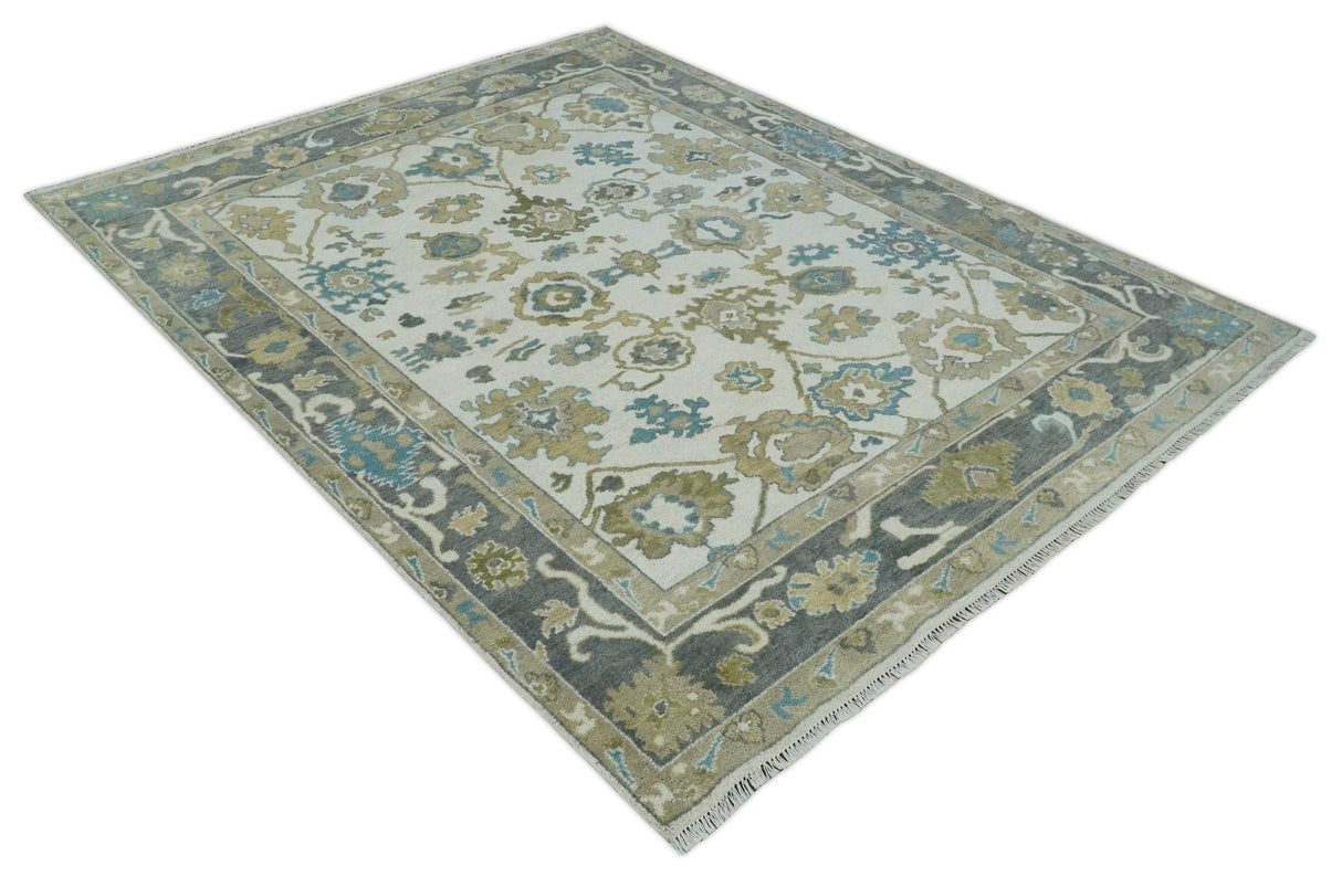8x10 Traditional Ivory and Charcoal Hand knotted Oushak Wool Area Rug