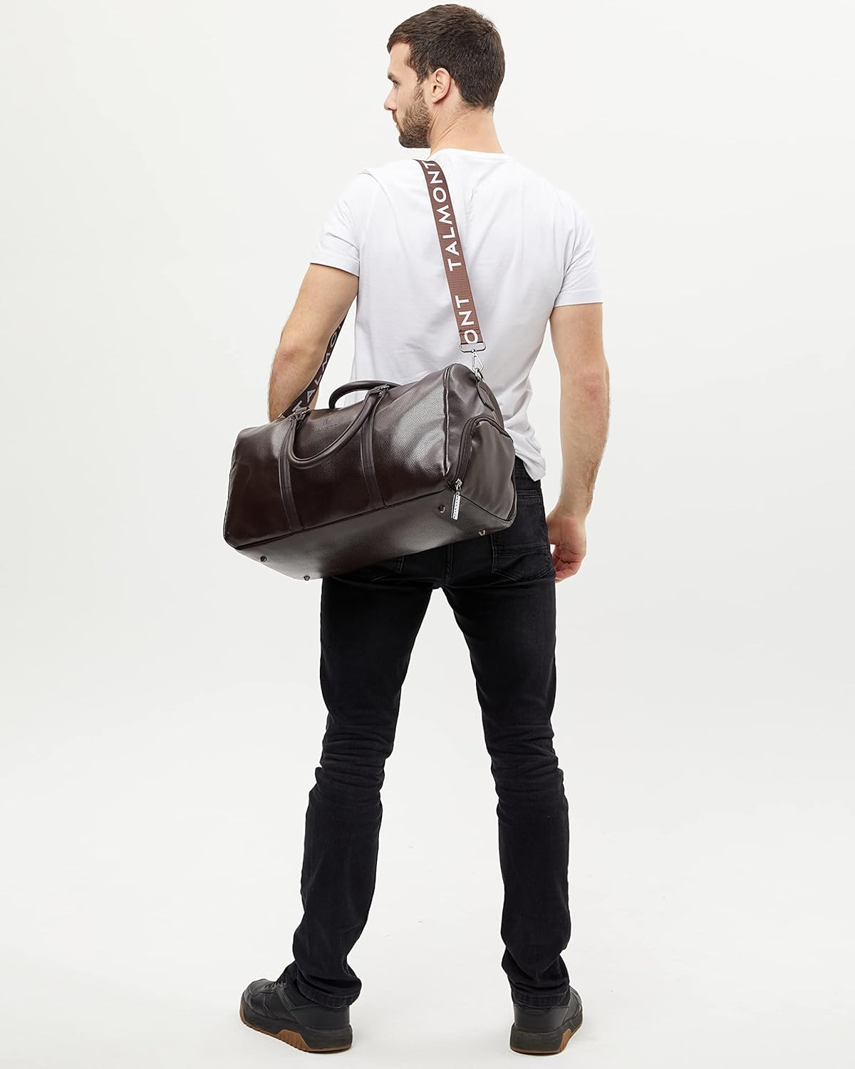 17.7 inch Gym Duffle Leather Bag with Shoe Compartment for Sports Travel - Adjustable Shoulder Strap, Weekender Travel Overnight Bag for Men