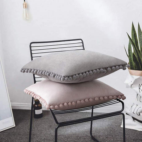 20''x20''-Velvet-Pom-Pom-Throw-Pillow-|-7-Colors-–-Soft-&-Playful-Ball-Trim-Design-|-Fun-Couch-&-Bedroom-Accent-|-Insert-Included-Throw-Pillows