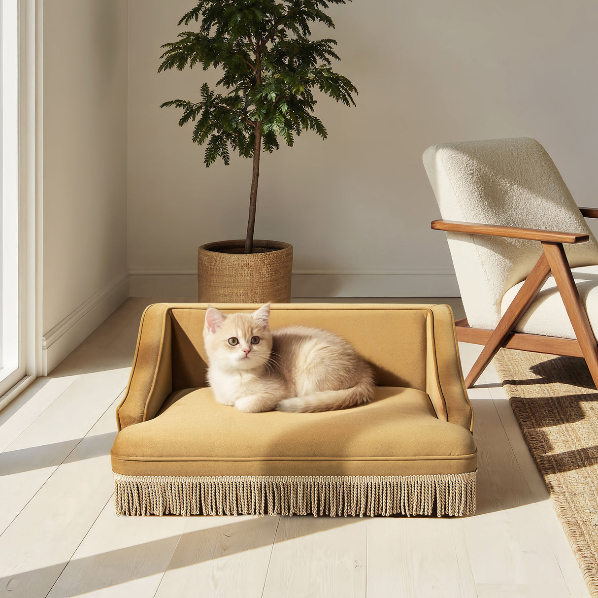 Duchess 33' Medium Princess Pet Bed Sofa with Fringe Skirt, Gold Yellow Performance Velvet