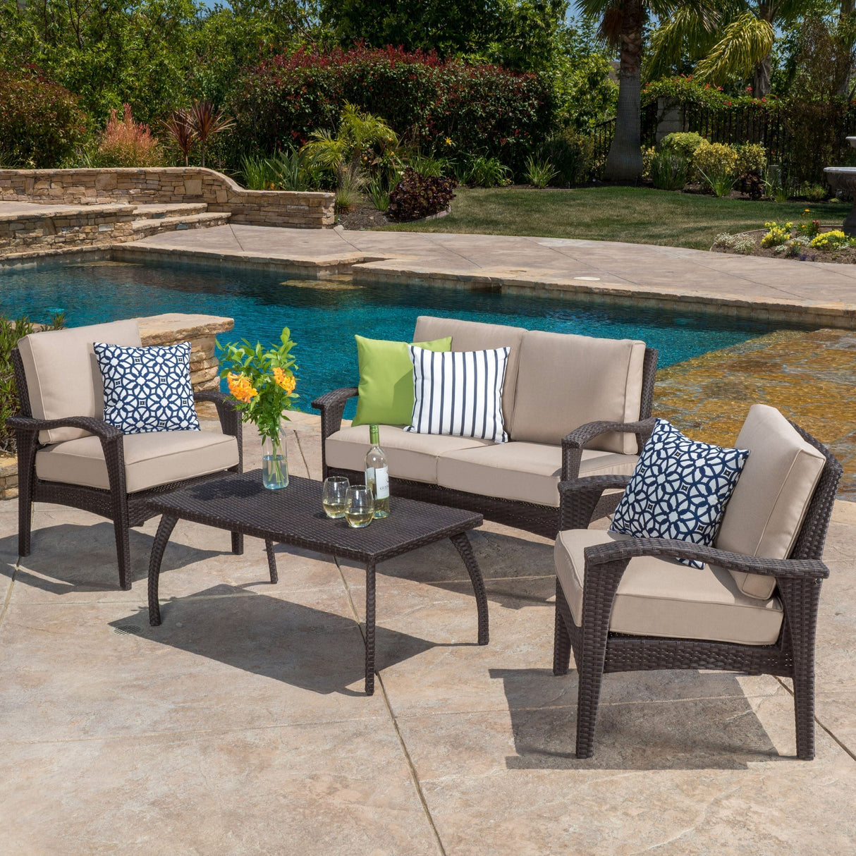 Honolulu 4PC PE Wicker Outdoor Seating Set in Brown and Tan