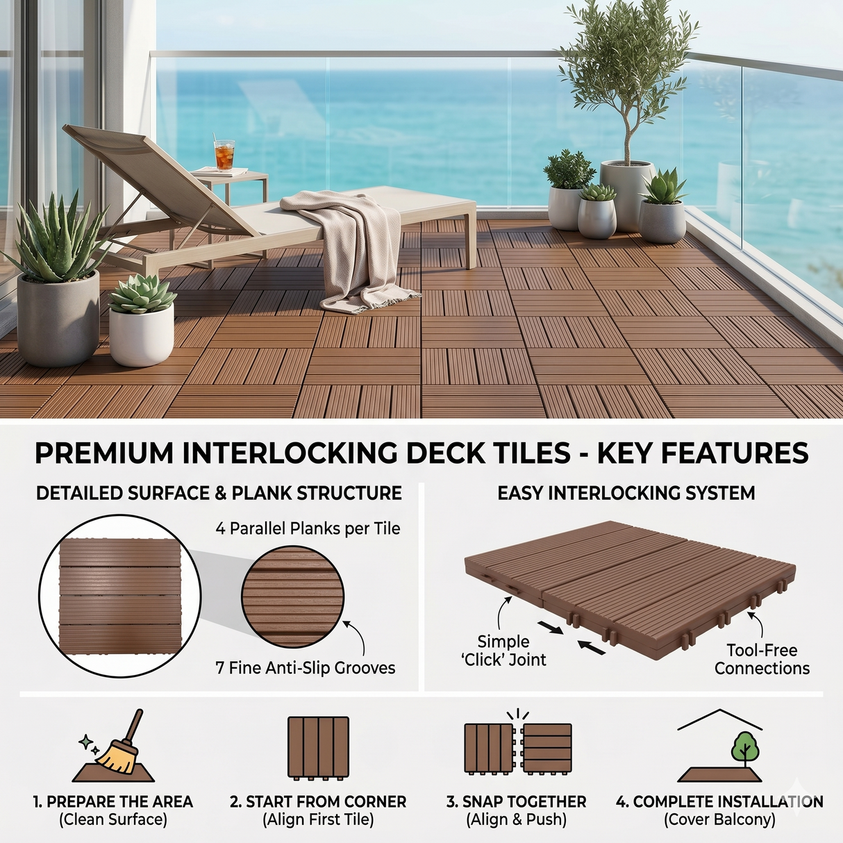 Plastic Interlocking Deck Tiles, 44 Pack 12"x12"