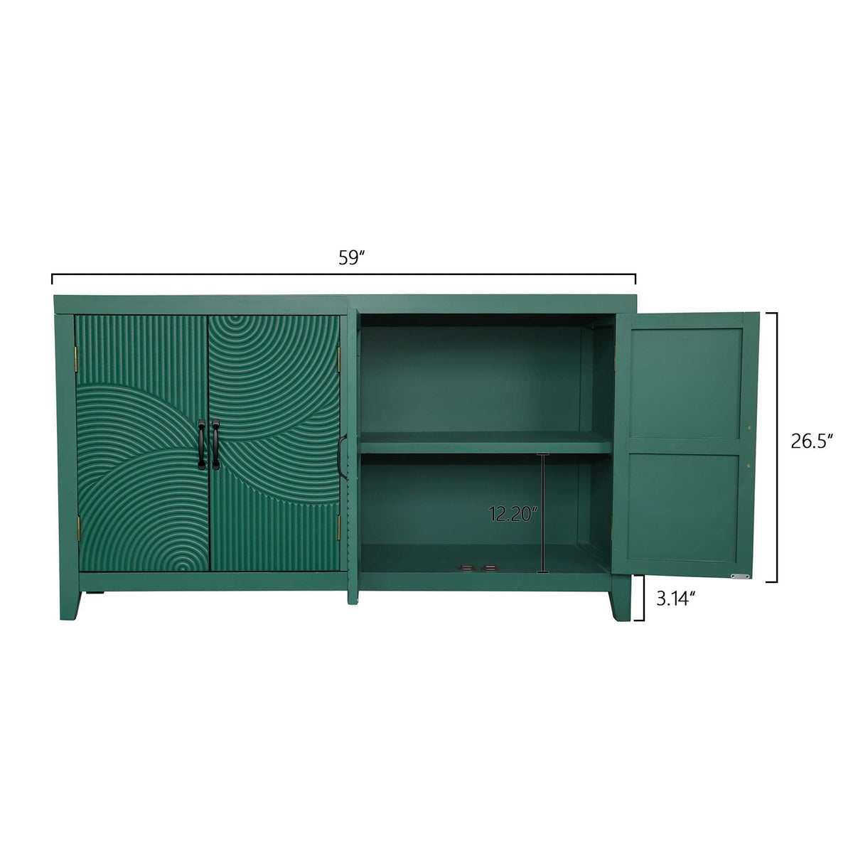 59in Green Accent Cabinet with 4 Doors - Mid Century Modern Buffet - Dark Green