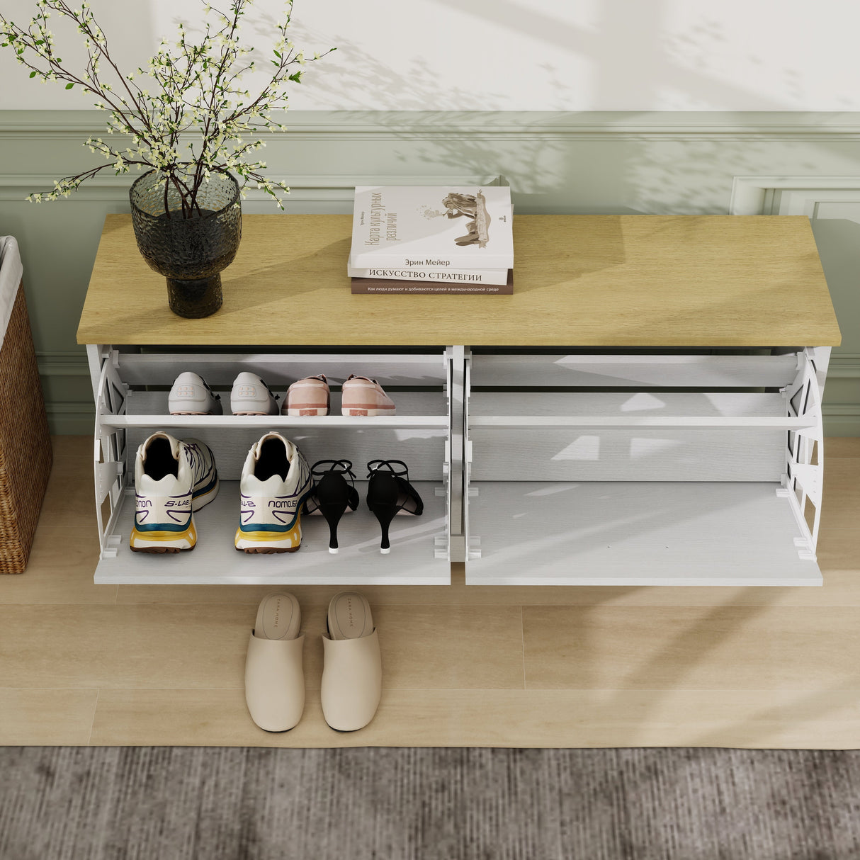 Shoe Storage Bench with 2 Flip Drawers and Adjustable Shelf - Antique