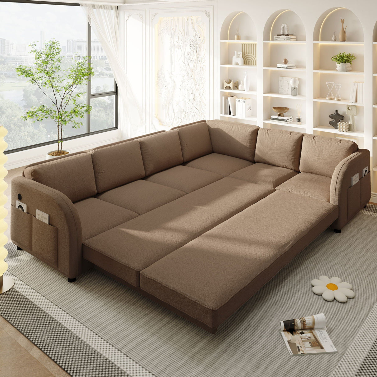 L-Shaped Couch With Pull-Out Bed, Convertible Sleeper Sofa With Side Pocket & USB Port