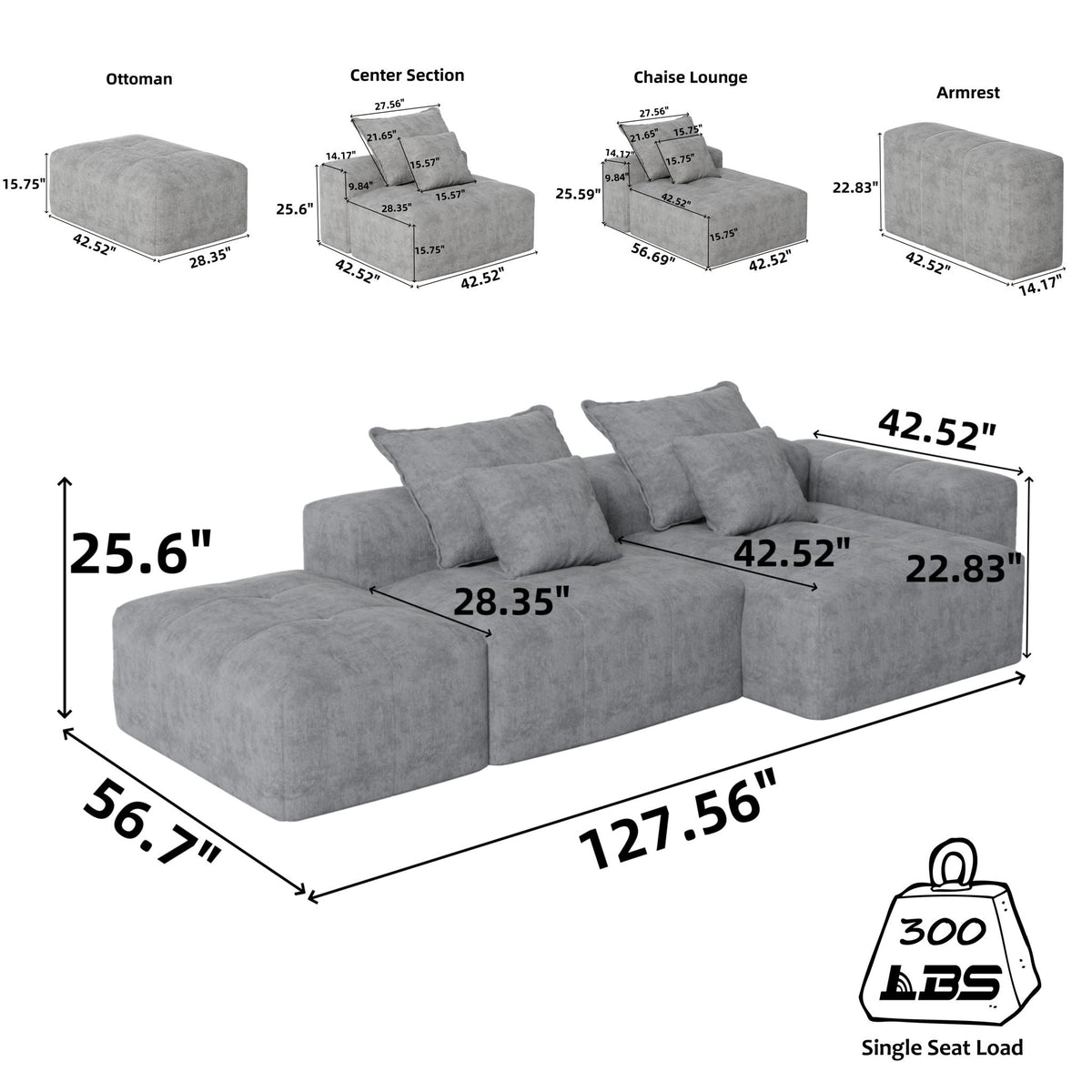Modern Oversized Modular Sectional Sofa with Pillows - Multiple Colors