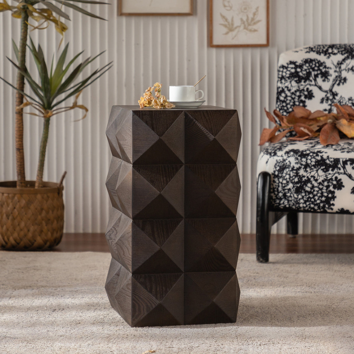 Retro Wooden Side Table with 3D Embossed Design